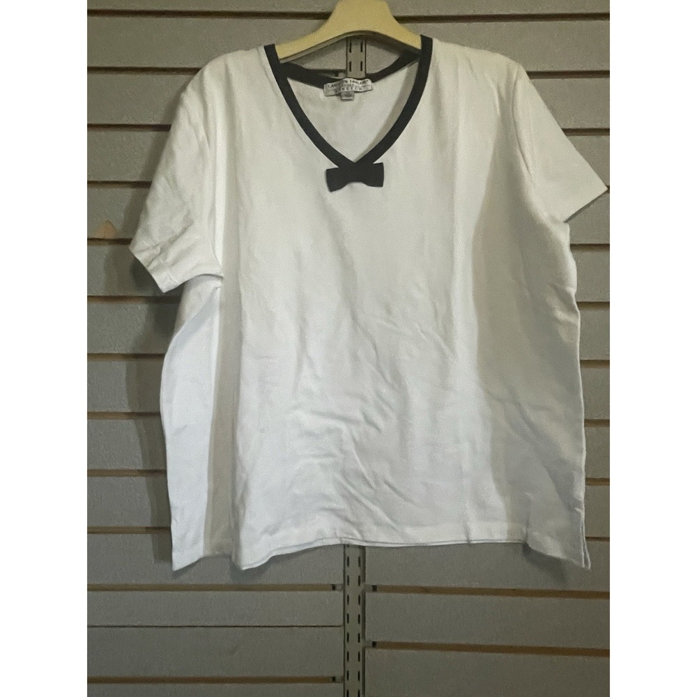 Carolyn Taylor 2X Short Sleeve Blouse Top Shirt White Wil/ Black Trim Bow